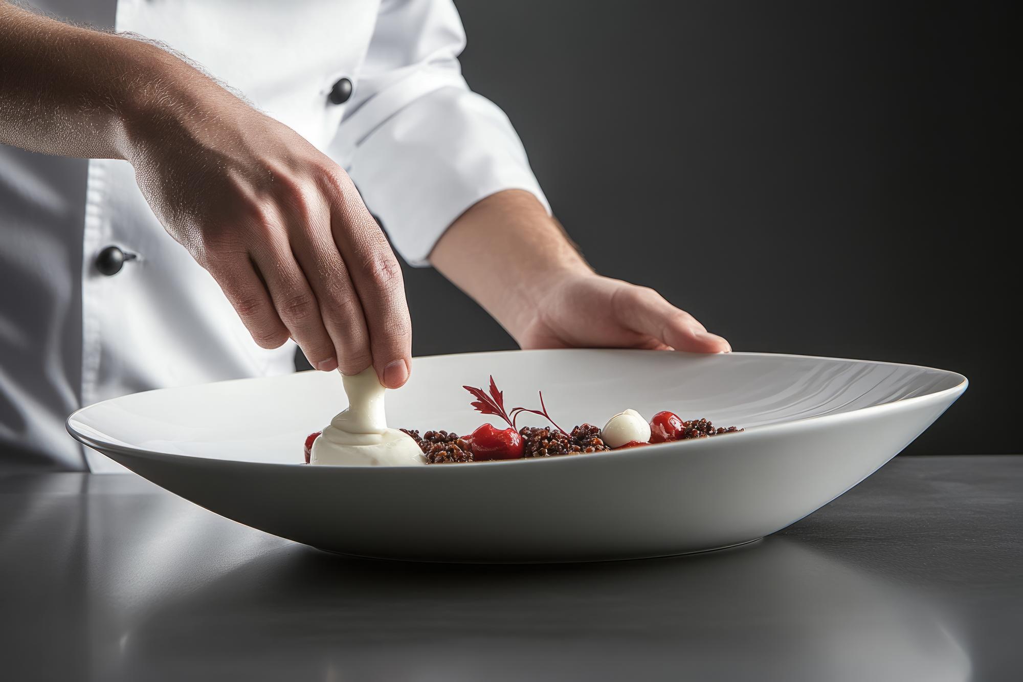 Chef preparing plated dish with calm studio light